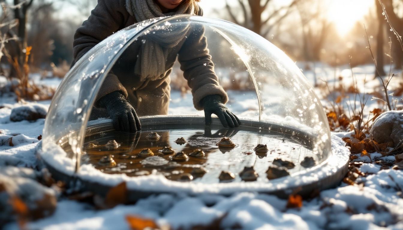 ontdek hoe dit mini-vijvertje kikkers en padden beschermt tegen strenge vorst en hun overlevingskansen verbetert tijdens koude winterdagen.