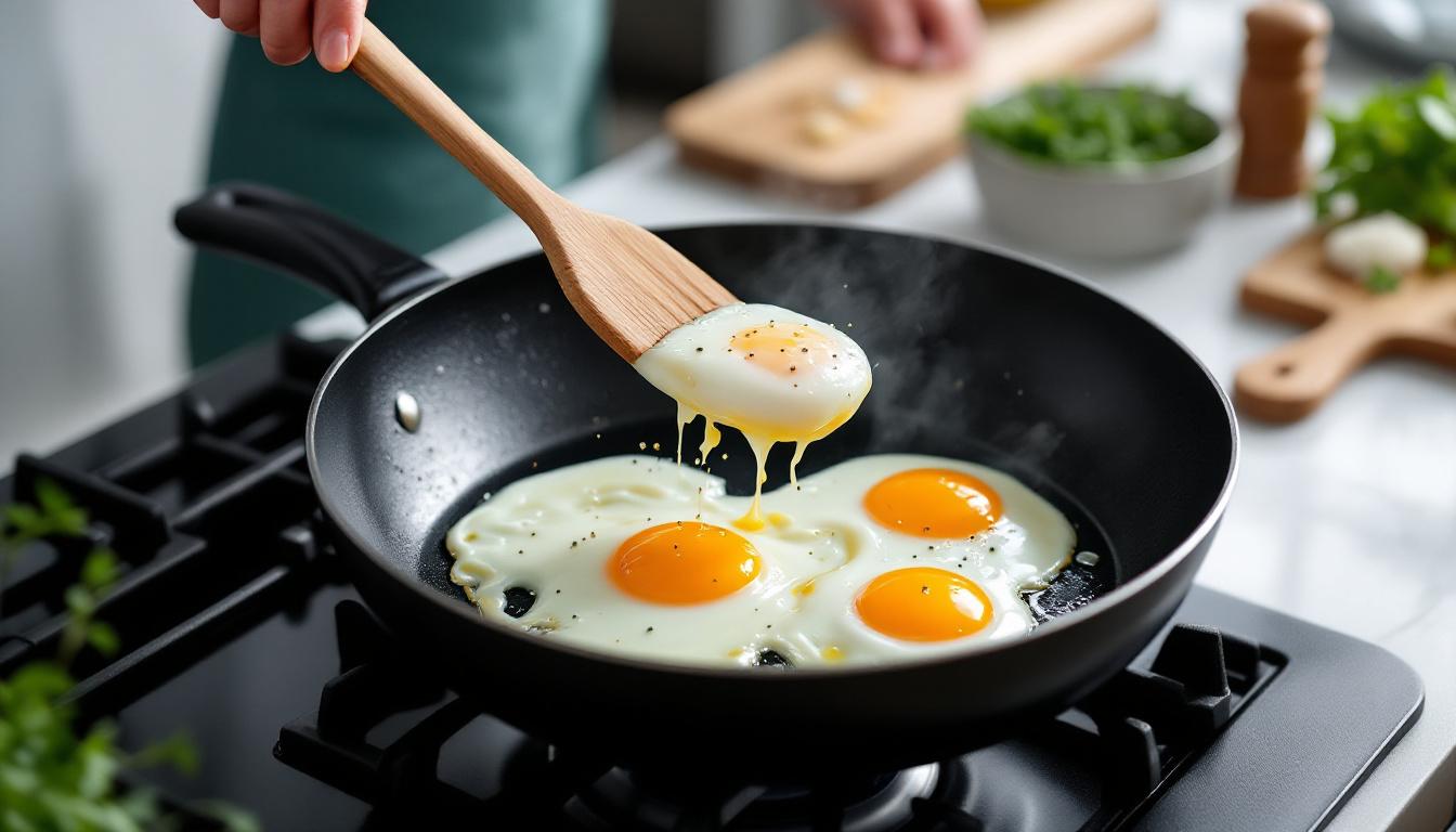 ontdek hoe je eieren perfect bakt zonder dat ze aan de pan blijven kleven, helemaal zonder water of olie te gebruiken.