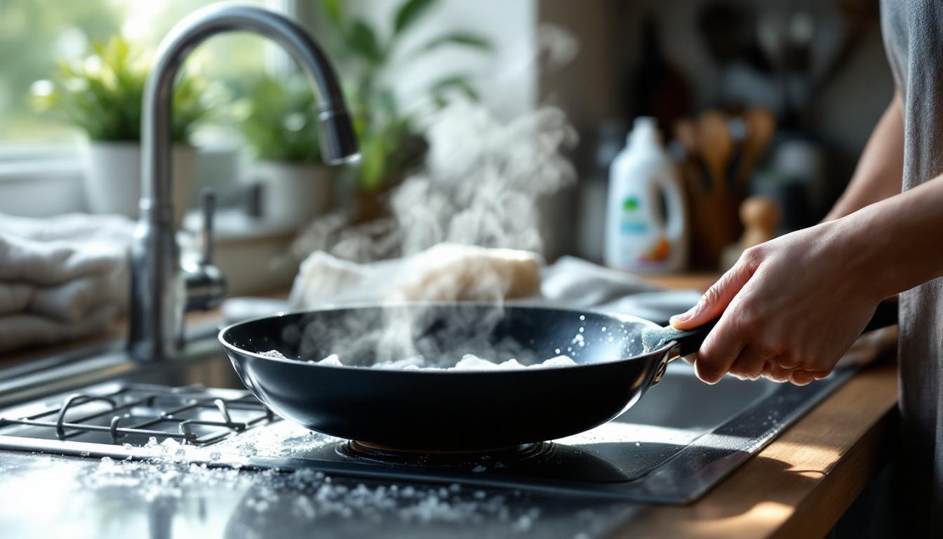 leer hoe je aangekoekt vet uit een koekenpan verwijdert zonder de beschermlaag te beschadigen, zodat je pan schoon blijft en langer meegaat.