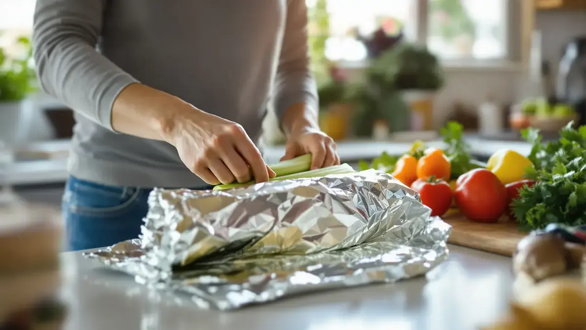 Dit kleine trucje met aluminiumfolie voorkomt dat selderij achterin de koelkast vergeten raakt