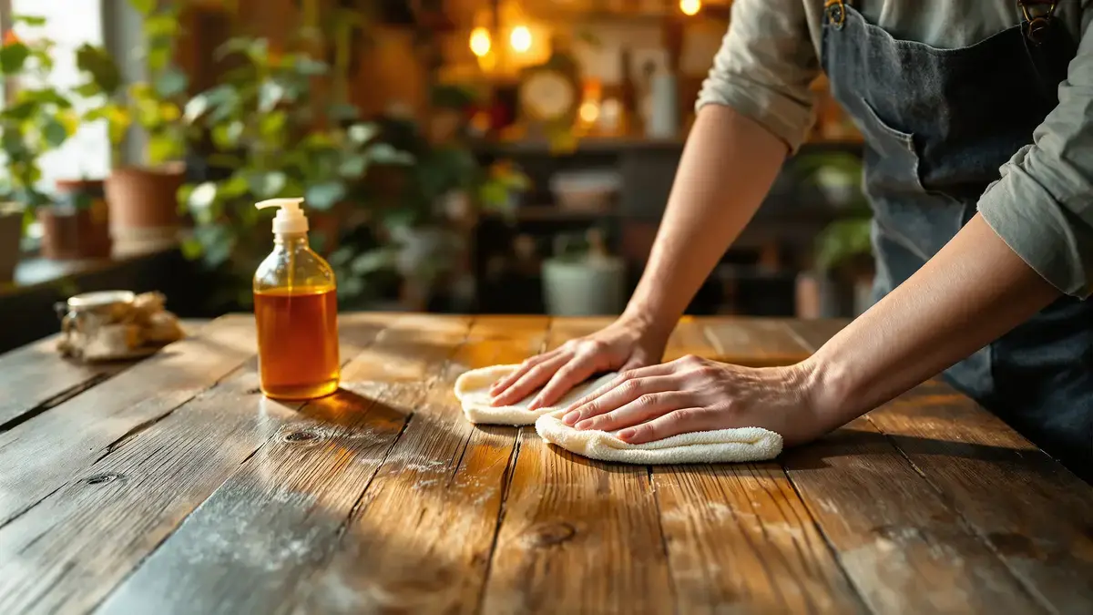 Een microvezeldoek en een zelfgemaakte oplossing volstaan soms om oud hout nieuw leven in te blazen.