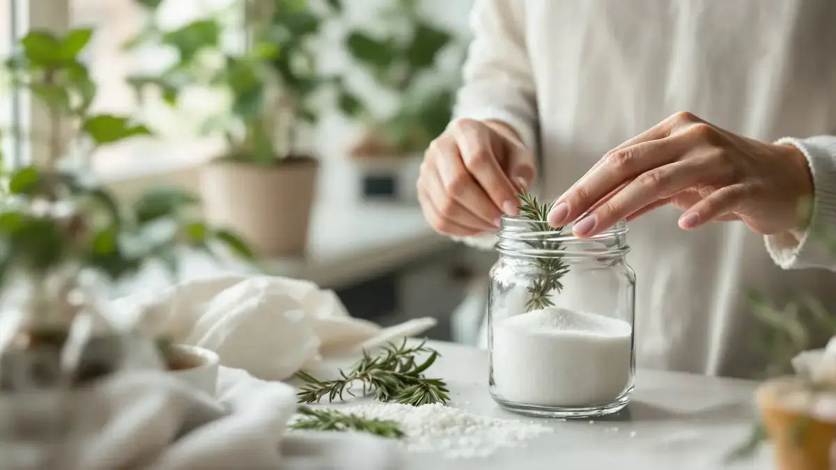 Rozemarijn en grof zeezout in een potje: het eenvoudige ritueel van vrouwen die thuis weer een gevoel van rust willen ervaren